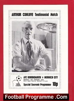 Arthur Cunliffe Testimonial Benefit Match Bournemouth 1976 - football programme