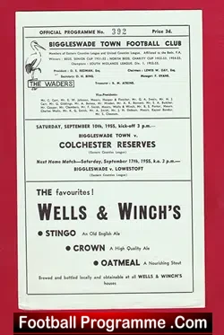 Biggleswade Town v Colchester Reserves 1955 - football programme