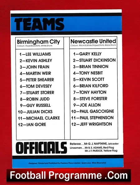 Birmingham City v Newcastle United 1985 – Youth Cup Semi Final