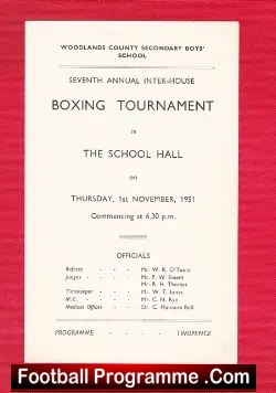Boxing Programme Tournament Woodlands County School 1951 - boxing programme
