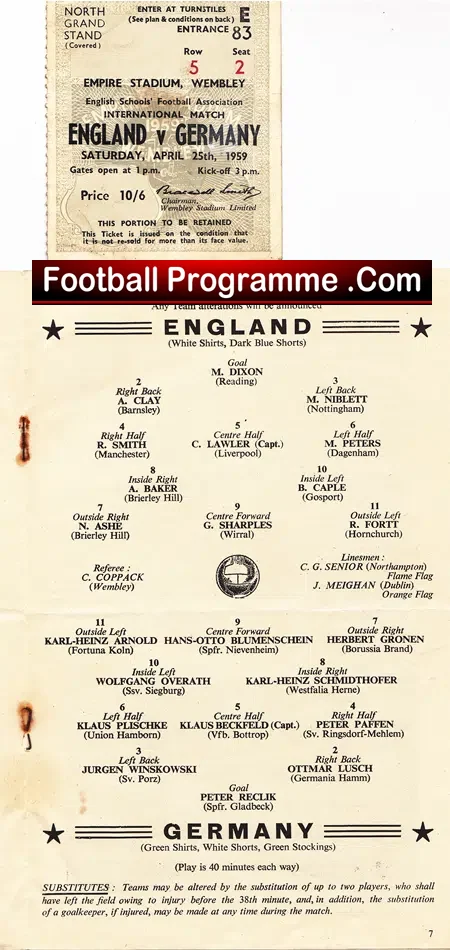 England v Germany 1959 – Schools International + Ticket