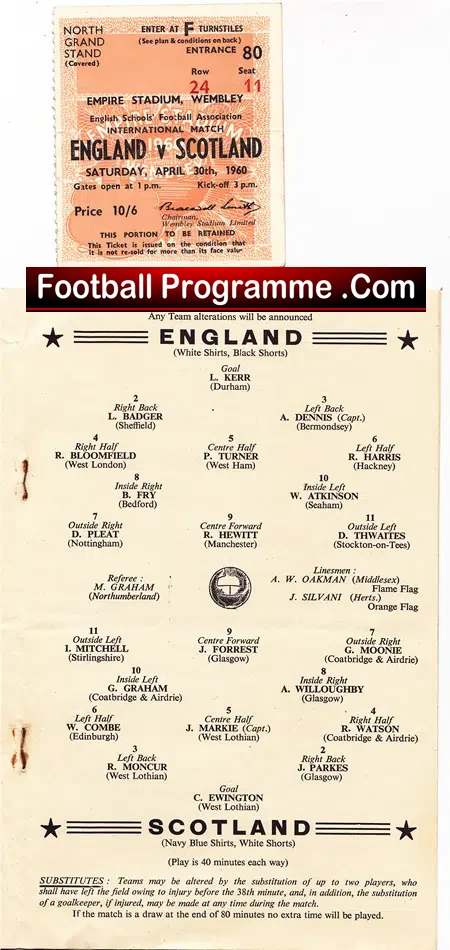 England v Scotland 1960 – Schools International plus Ticket
