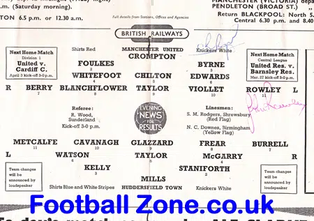 Manchester United v Huddersfield Town 1954 – Autographed Signed
