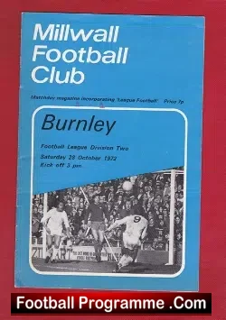 Millwall v Burnley 1972 - football programme