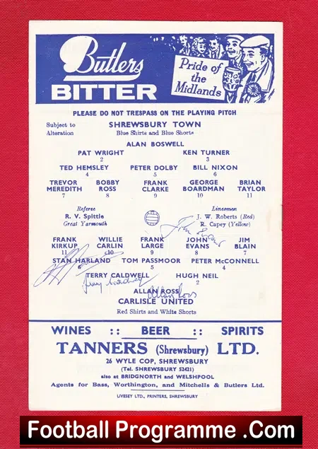 Shrewsbury Town v Carlisle United 1964 - Multi Autographed