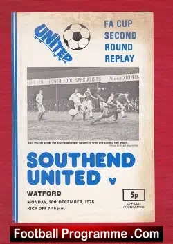 Southend United v Watford 1978 - FA Cup Replay - football programme