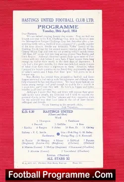 Stan Risdon Ernie Rogers Testimonial Beneft Hastings United 1954 - football programme