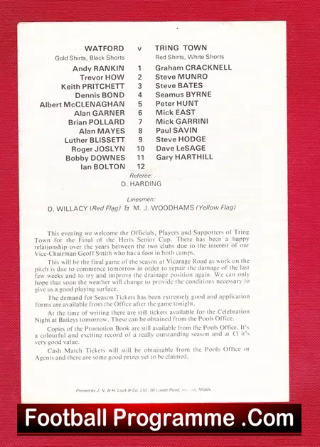 Watford v Tring Town 1978 – Cup Final – Autographed