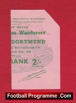 Wolves Wolverhampton v Borussia Dortmund 1957 – Football Ticket