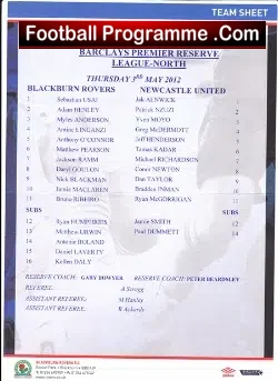 Blackburn Rovers v Newcastle United 2012 – Reserves Match