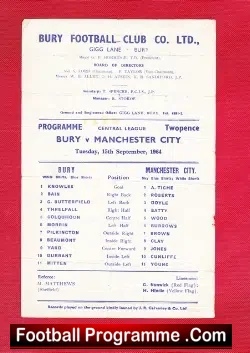 Bury v Manchester City 1964 - Reserves Match - football programme