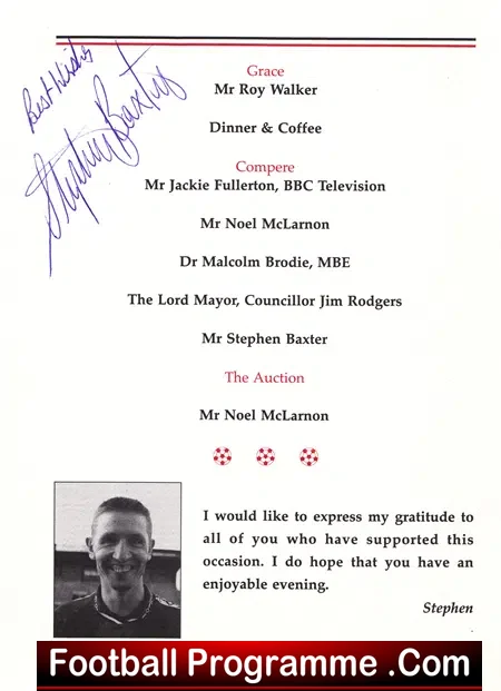 Crusaders Stephen Baxter Signed Dinner Gala 2001 Belfast
