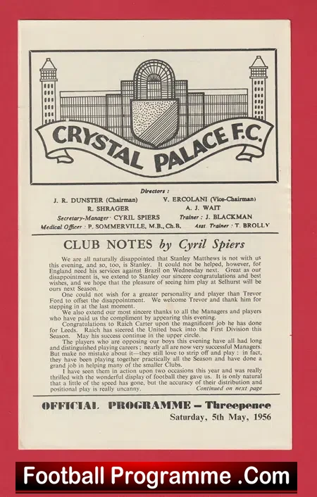 Crystal Palace v International Managers XI 1956 + Bill Shankly