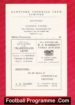 Dartford v Hasting United 1961 - FA Cup - football programme