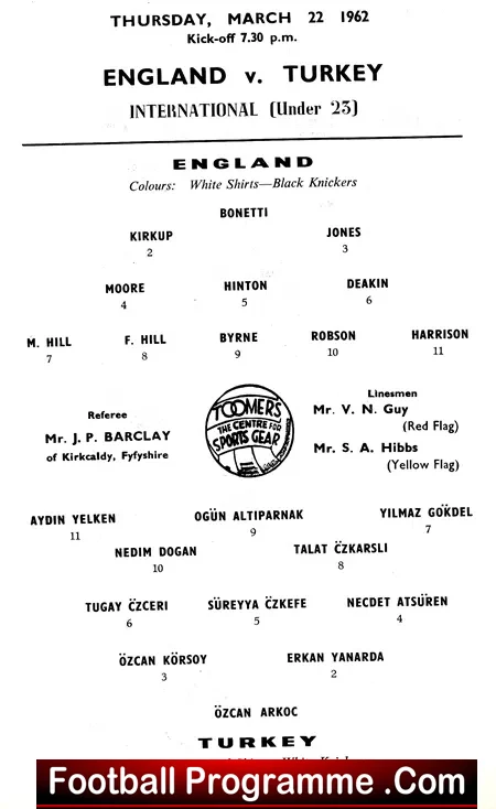 England v Turkey 1962 – at Southampton + Bobby Moore