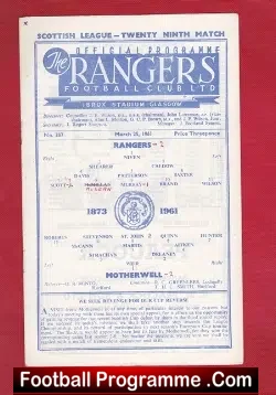 Glasgow Rangers v Motherwell 1961 - football programme