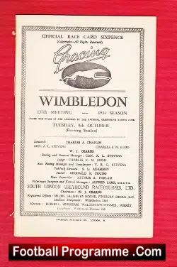 Greyhound Racing Programme Wimbledon 9th October 1934