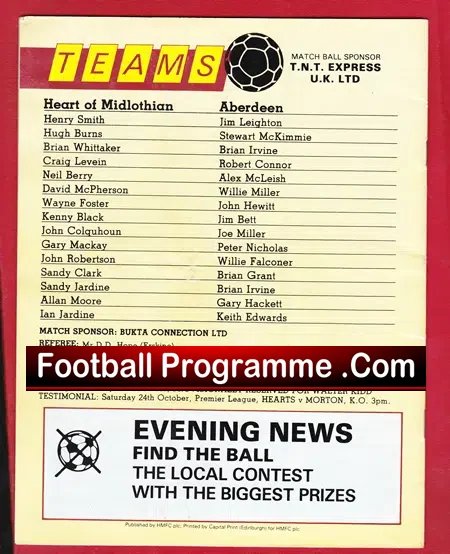 Heart Of Midlothian v Aberdeen 1987 – Multi Autographed SIGNED