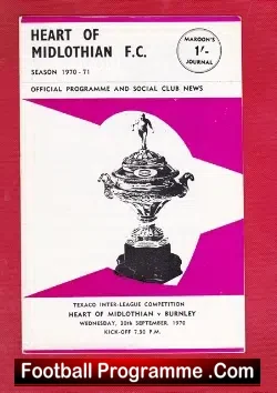 Heart Of Midlothian v Burnley 1970 - Texaco Cup - football programme