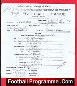 Hull City v Grimsby Town 1919 - Football League Team Sheet - football memorabilia
