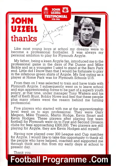 John Uzzell Testimonial Benefit Match Plymouth Argyle 1986