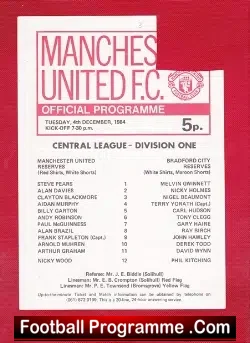 Manchester United v Bradford City 1984 - Reserves + Blackmore - football programme