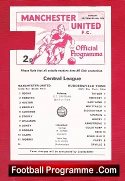 Manchester United v Huddersfield Town 1976 - Reserves Match - football programme