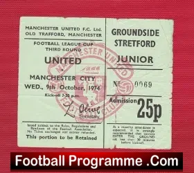 Manchester United v Manchester City 1974 – League Cup Ticket