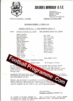Solihull Borough v WBA 1986 - Pre Season Friendly - football programme