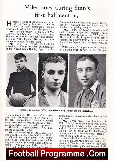 Stanley Matthews Testimonial Stoke City 1965 + Law Charlton