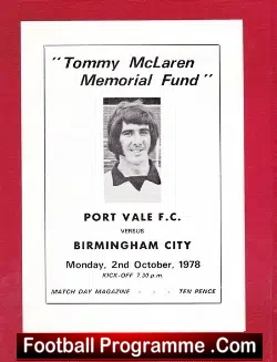 Tommy McLaren Football Testimonial Benefit Port Vale 1978 - football programme