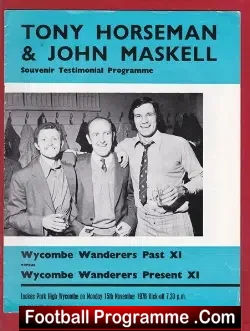 Tony Horseman + John Maskell Testimonial Benefit Wycombe 1976 - football programme