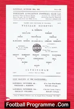 Wrexham v Altrincham 1961 – Reserves Match S/S