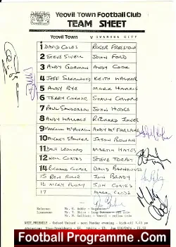Yeovil Town v Swansea 1990s - Multi Autographed Team Sheet - football memorabilia