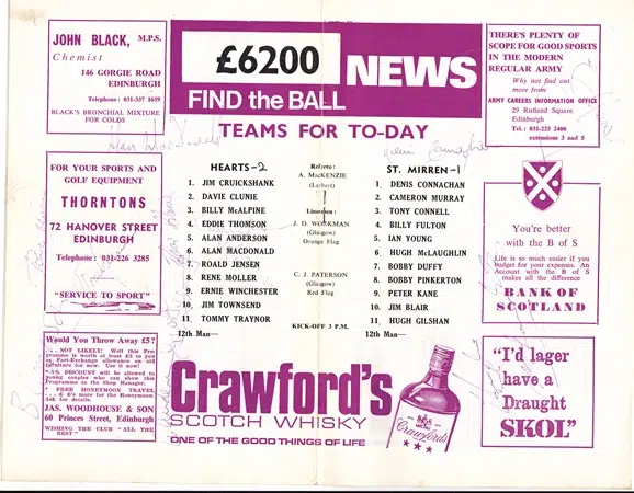 Heart Of Midlothian v St Mirren 1969 – Multi Autographed
