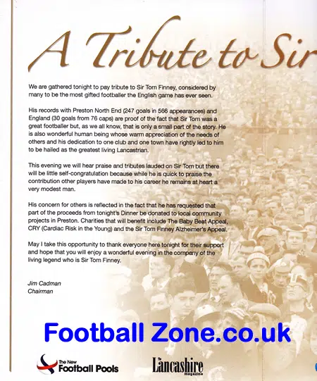 Preston North End Sir Tom Finney Tribute Gala Menu 2009
