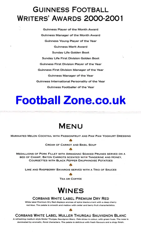 Northern Ireland Football Awards 2001 - Menu