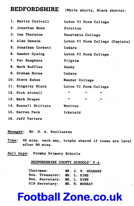 Merseyside v Bedfordshire 1986 Schools County Trophy at Everton