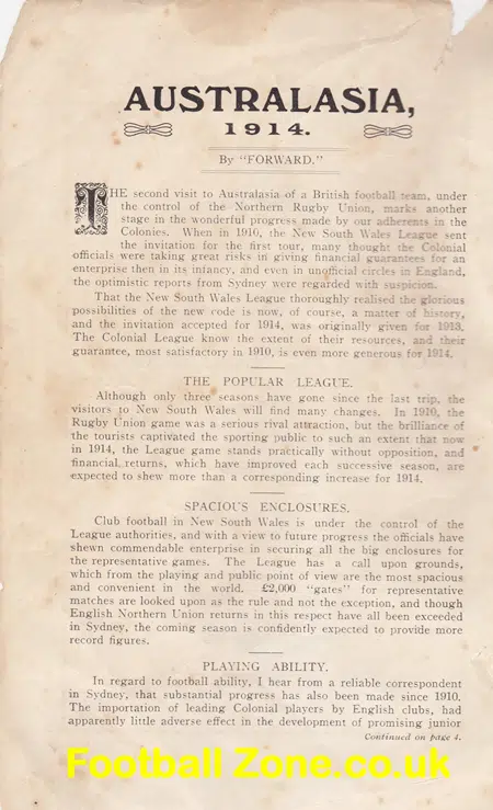 England + Wales Rugby Tour of Australia Handbook 1914 - Antique