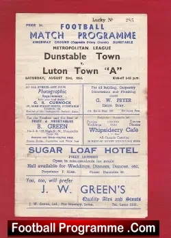 Dunstable Town v Luton Town 1952 - Met League - football programme