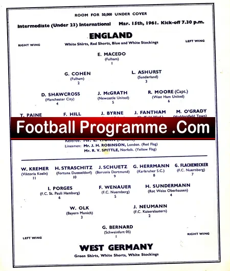 England v Germany 1961 – Under 23 International Bobby Moore