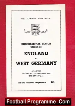 England v Germany 1963 - U23 at Liverpool + Bob Tambling - football programme