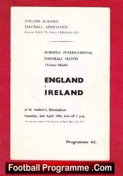England v Ireland 1966 - Schools at Birmingham - football programme