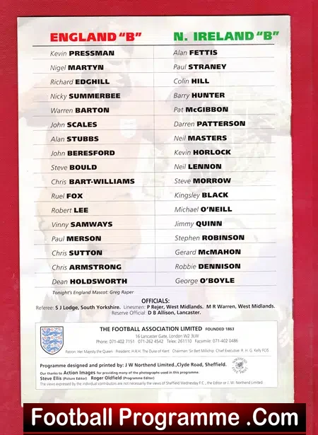 England v Northern Ireland 1994 – Friendly Match at Sheffield