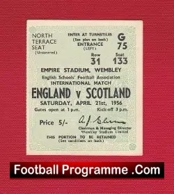 England v Scotland 1956 – Football Ticket – Schoolboys