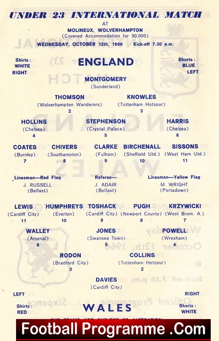 England v Wales 1966 – Under 23 + Toshack at Wolves