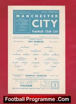Manchester City v Burnley 1961 - Reserves Match - football programme