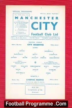 Manchester City v Liverpool 1962 - Reserves Match - football programme