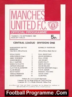 Manchester United v Barnsley 1984 - Reserves - David Hirst - football programme