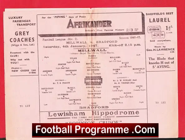 Millwall v Bradford 1947 – 1940s Football Programme